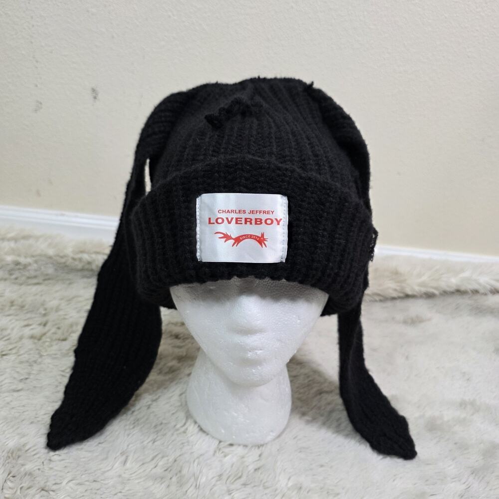 Charles Jeffrey Loverboy Black Chunky Rabbit Beanie Distressed One Size